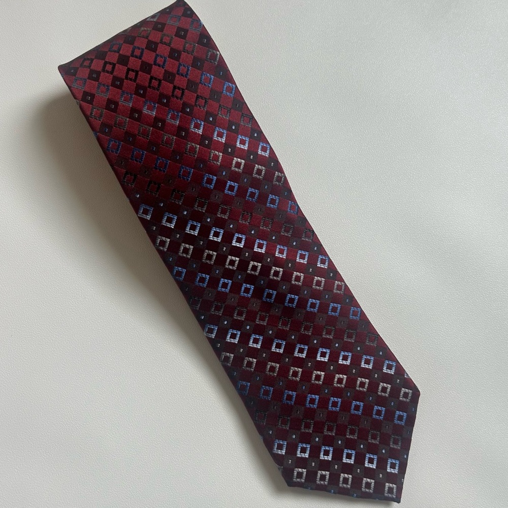Pronto Uomo Silk Tie Burgundy Red Geometric Check 3.5" Men's Necktie